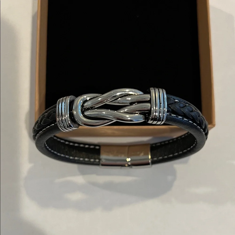 Men's (Mother/Son) Silver Stainless Steel and Black Leather Bracelet-NIB - Picture 3 of 5